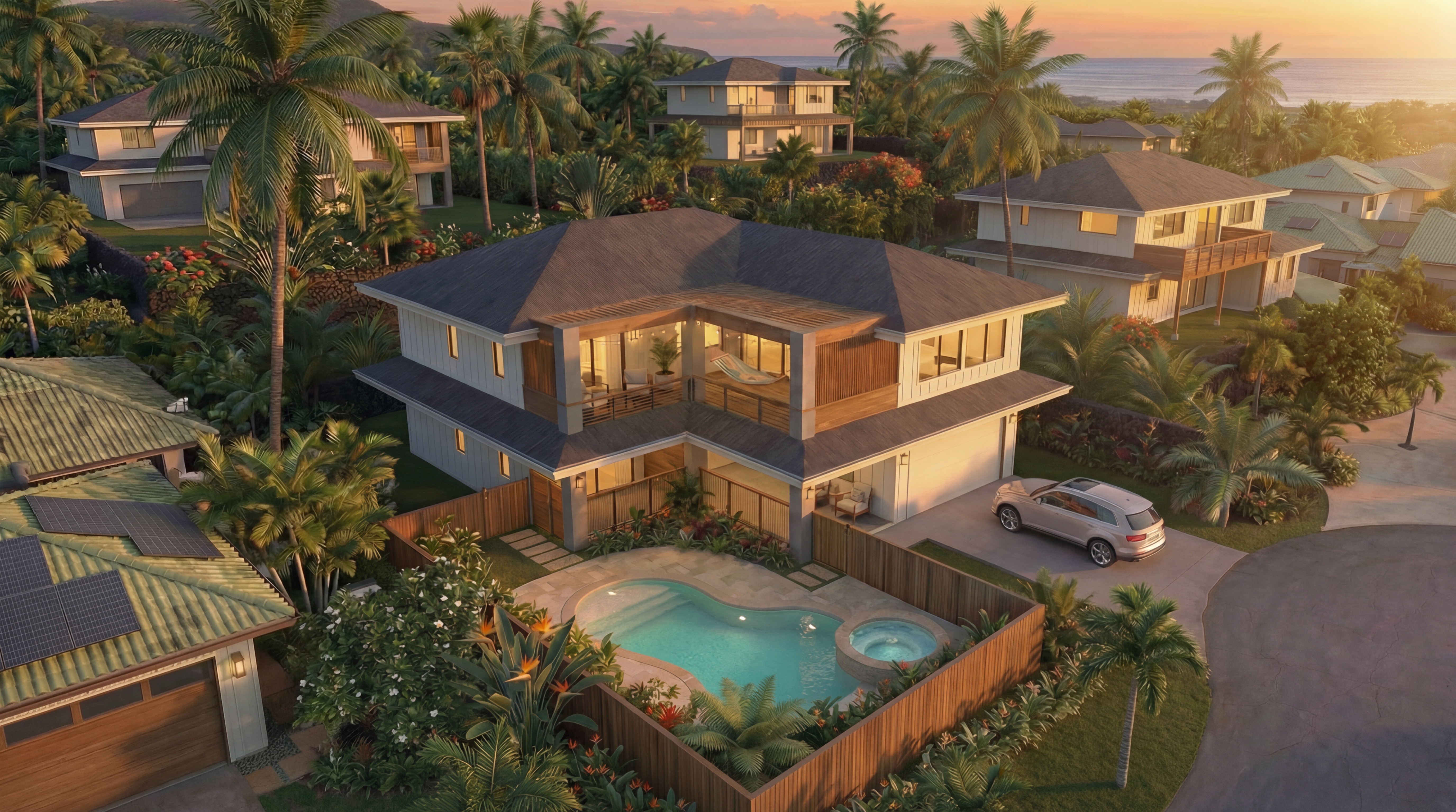 Poʻipū Kai residence on south Kauaʻi with tropical modern architecture, covered lanai, and pool